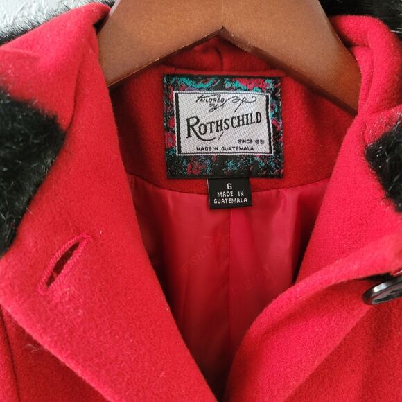 Rothschild Girls' Red Wool Dress Coat Faux Fur Trim Size 6 (missing button) - Picture 2 of 7